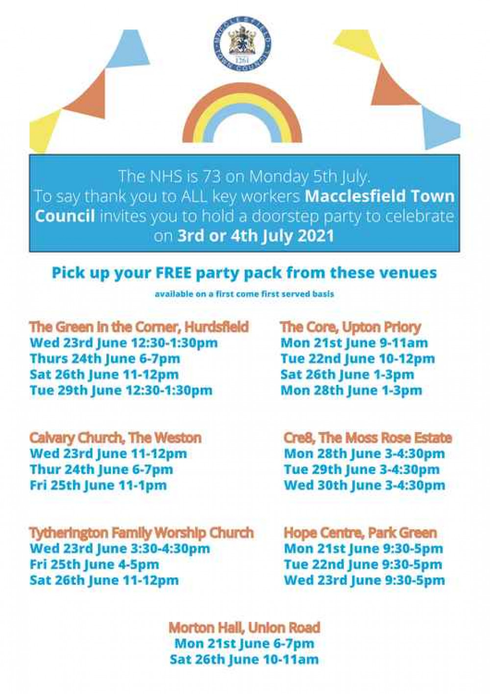 You can collect pre-made party kits for your houses from these locations, to help show your support for our NHS. (Image - Macclesfield Town Council) You can collect pre-made party kits for your houses from these locations, to help show your support for our NHS. (Image - Macclesfield Town Council)