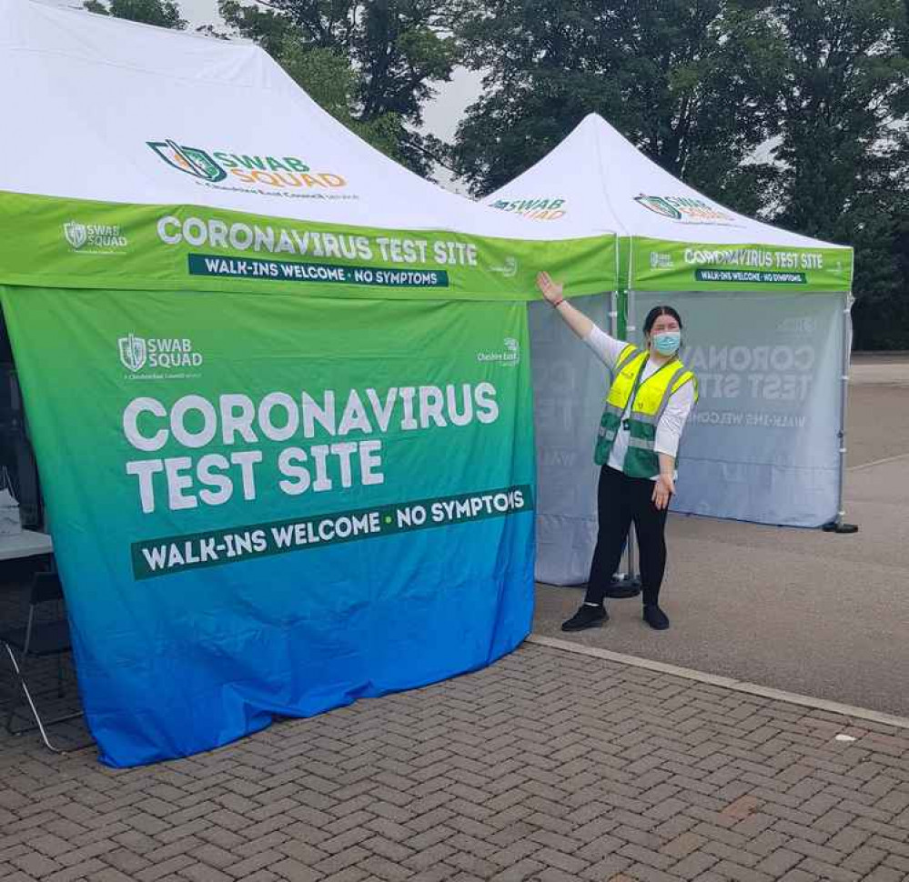 Hannah in front of the pop-up test centre