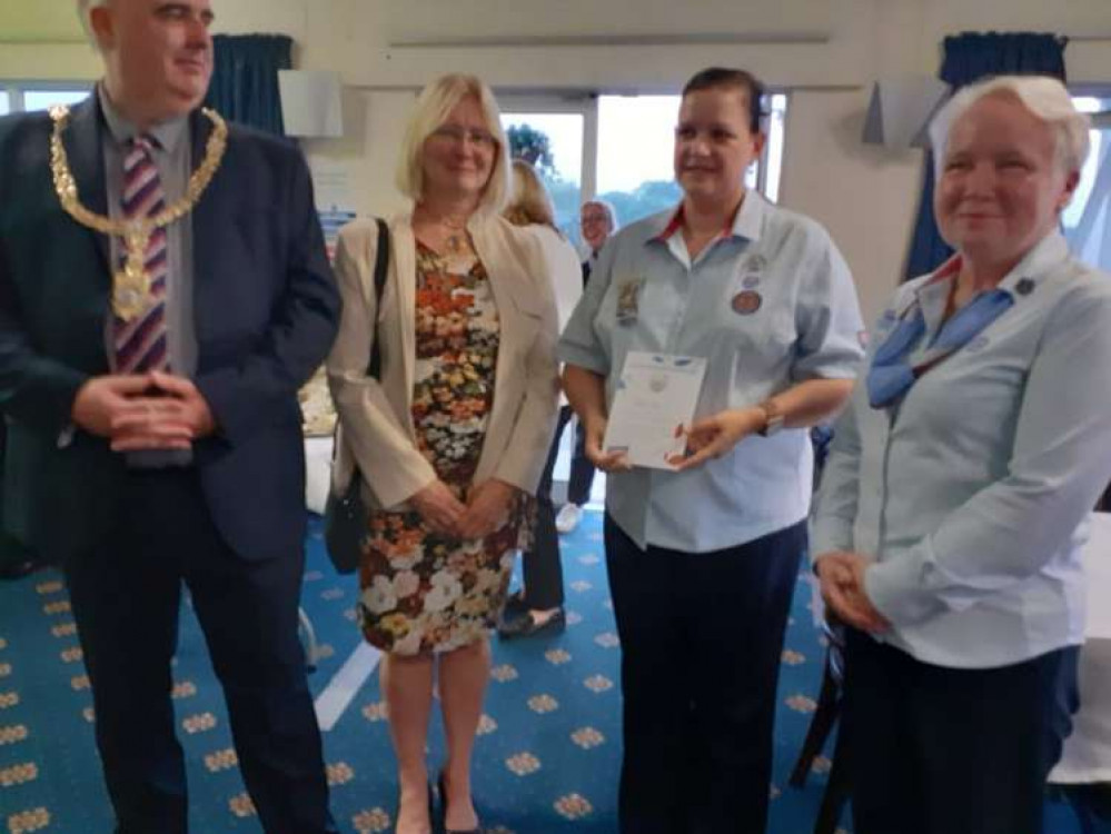 Mayor Councillor Geraint Price Jones, Mrs Price Jones, Claire Worth and Kathryn Qattan, Deputy Chief Commissioner, North West