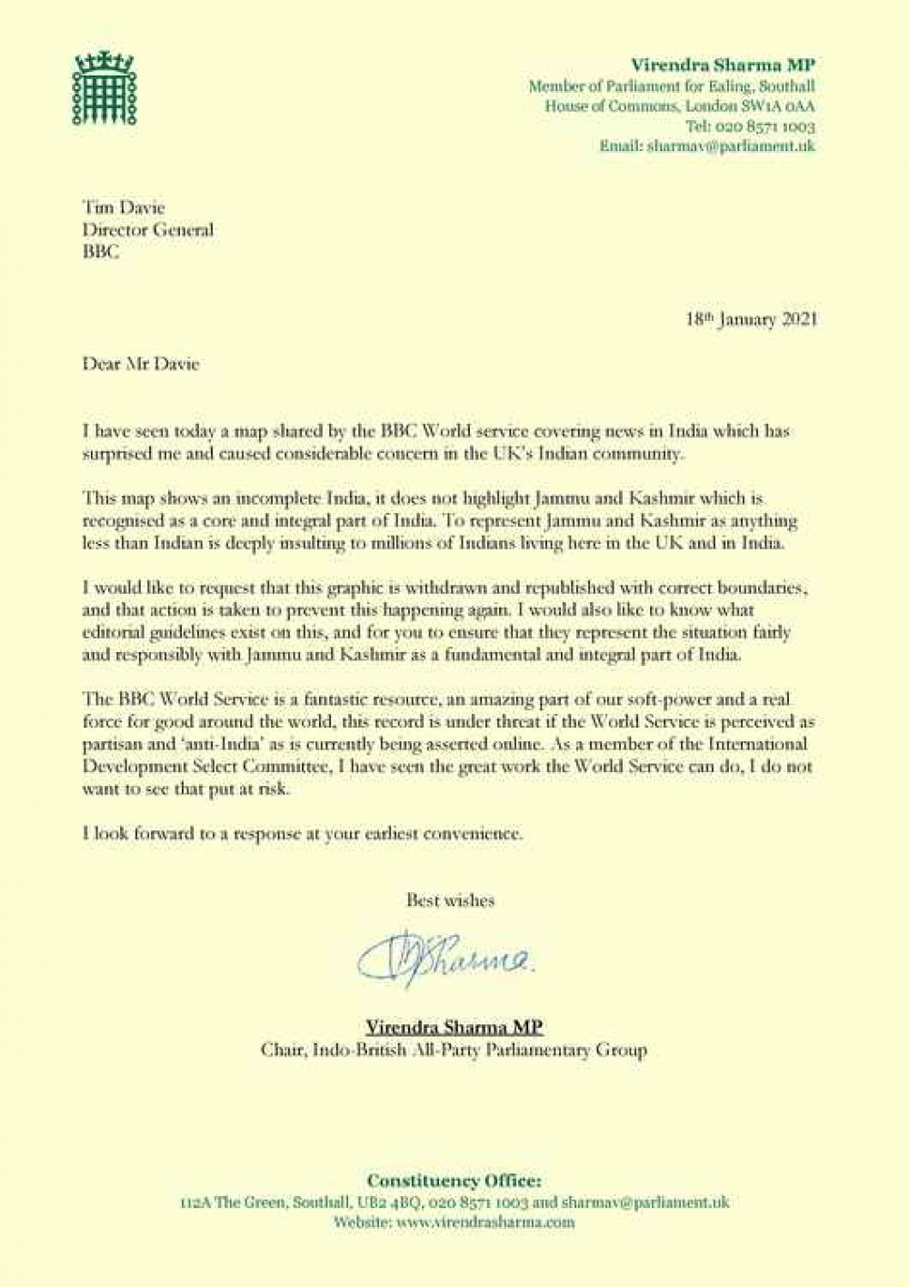 The letter sent to the BBC Director General