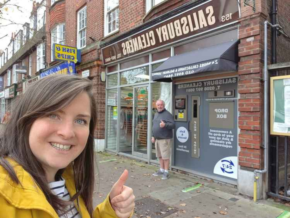 Megan and Tony socially distance outside of Salisbury Dry Cleaners. Image Credit: Megan Henderson