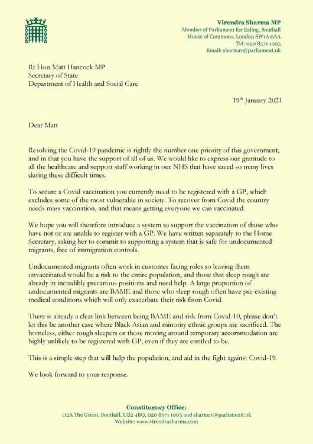 Letter to the Health Secretary, Matt Hancock