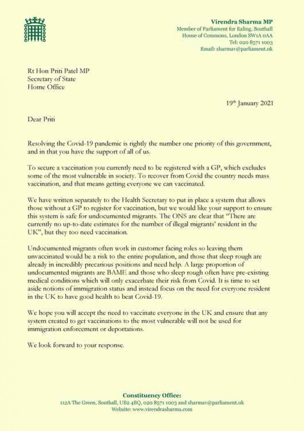 Letter to the Home Secretary, Priti Patel