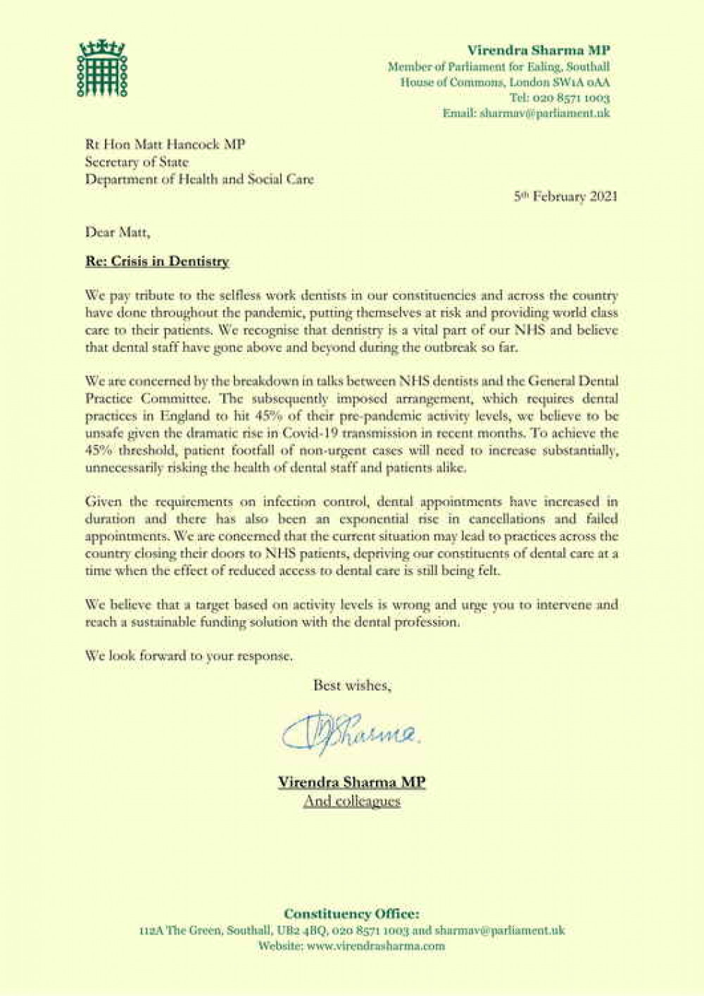 The letter sent to the Health Secretary, Matt Hancock