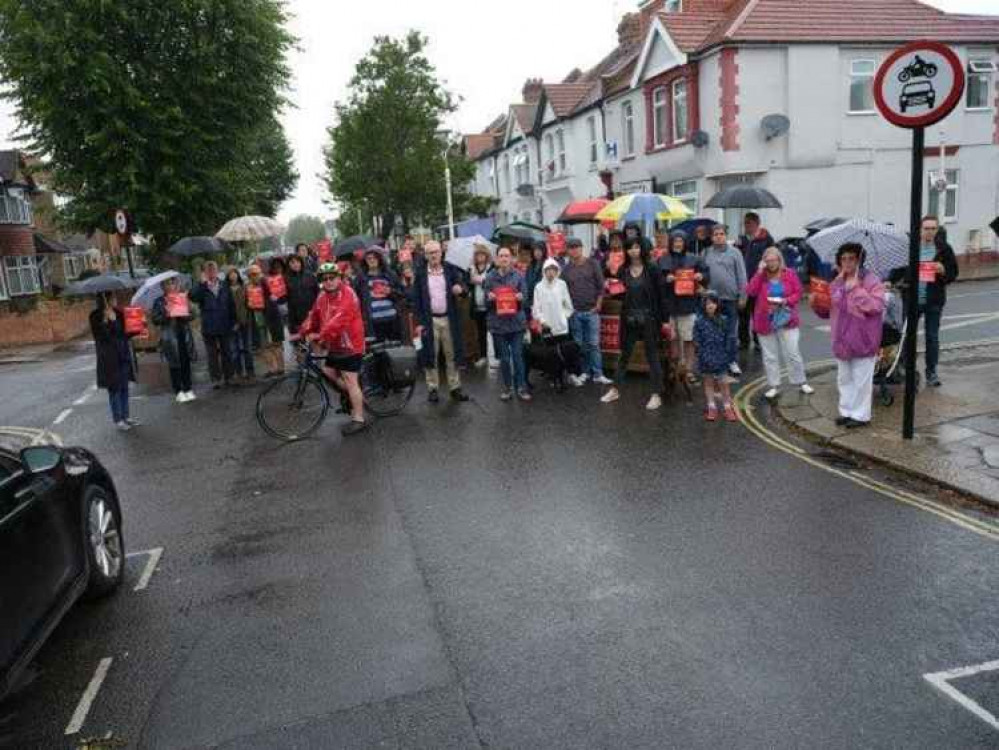 Anti-LTN protesters gather at one of the newly-introduced sites last year. Image Credit: Ealing anti-LTN residents group