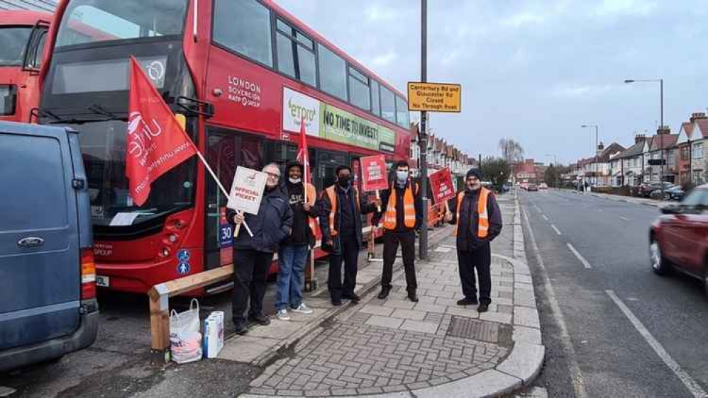 Bus drivers on a picket line at Harrow Garage on February 22