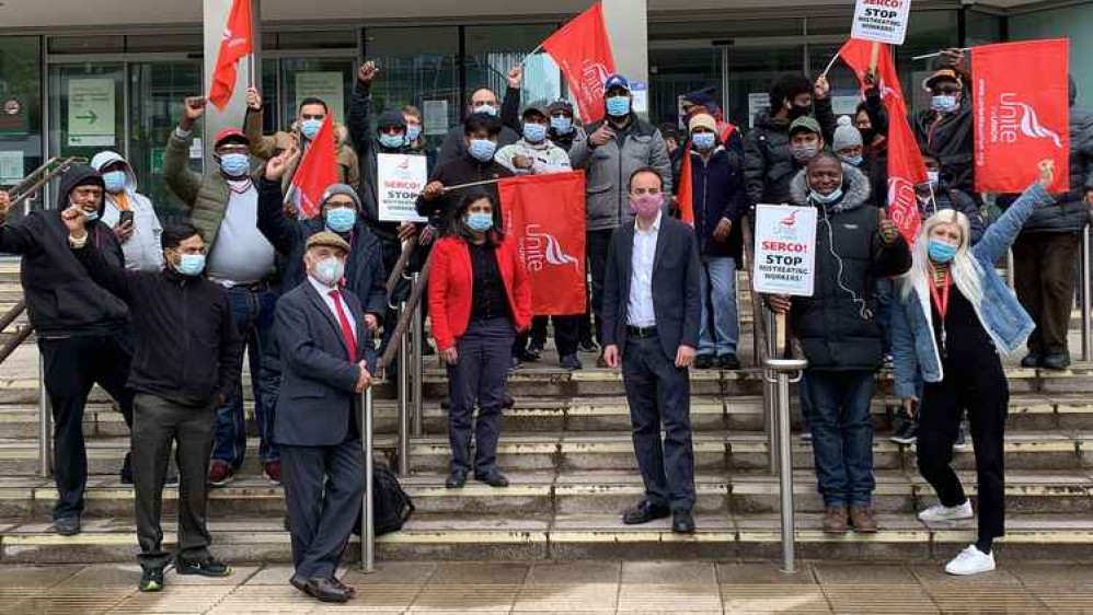 The three Ealing MPs protesting outside the Town Hall alongside Serco employees. Image Credit: James Murray Twitter