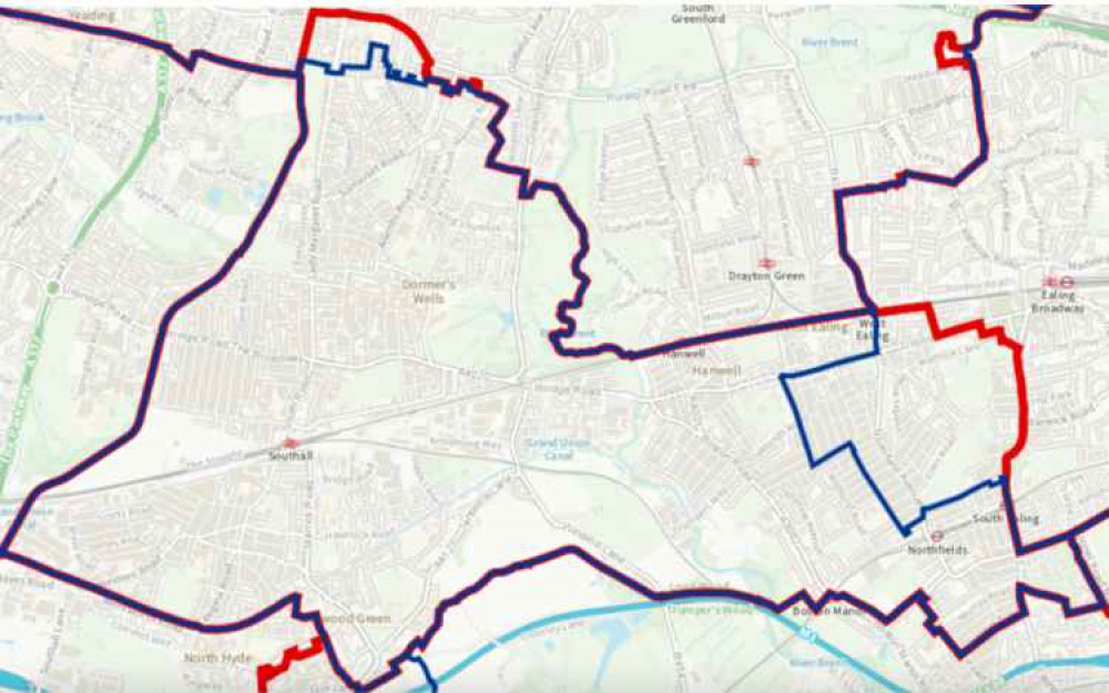 A map of the prospective changes for Ealing Southall - red is the proposed boundary, blue is the current one