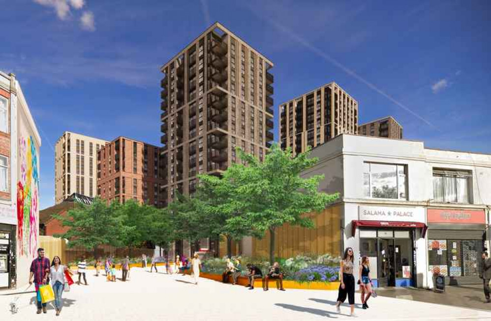 Pedestrian plazas will lead to the development from The Green. Image Credit: Peabody