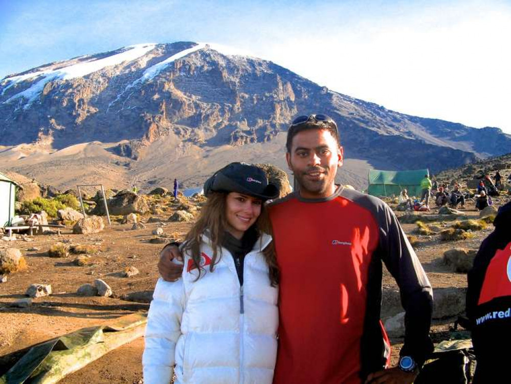 Raj with Cheryl Cole climbing Mount Kilimanjaro as part of Comic Relief. Image Credit: Raj Joshi