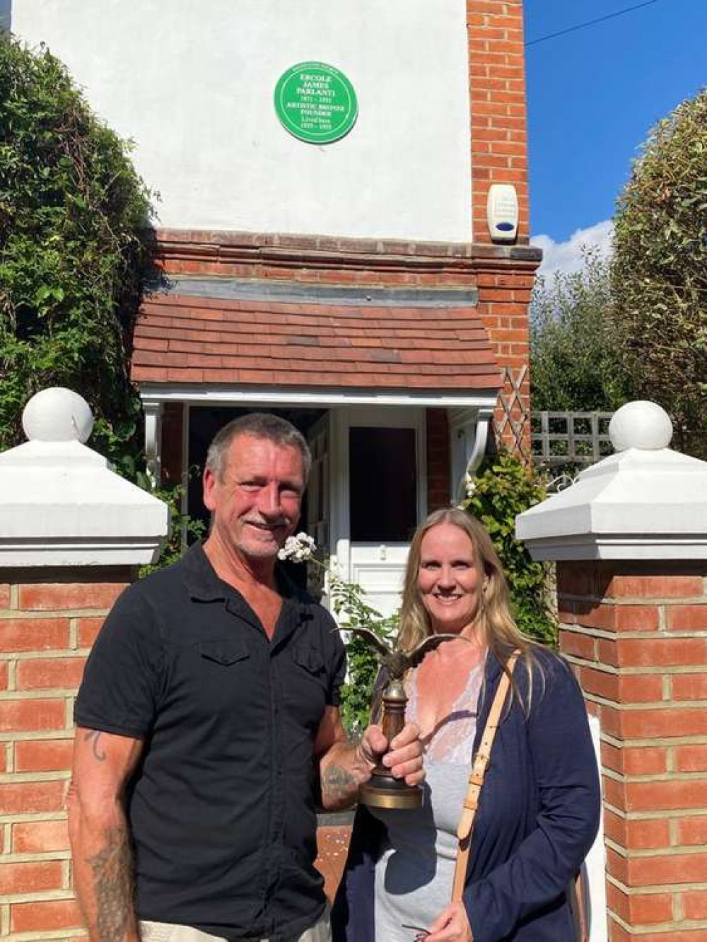 Wayne Parlanti ( twin brother to Steve Parlanti) and their cousin Emma Parlanti. Wayne holds a small bronze eagle sculpted and cast by Ercole (Image: Steve Parlanti)