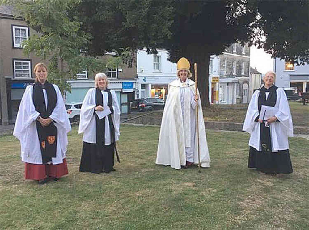 The Bishop of Crediton, the Right Reverend Jackie Searle, pictured on the Minster Green at Axminster after the licensing of three new clergy members of the Axe Valley Mission Community - Kate Edmonds, Nicky Davies and Shuna George