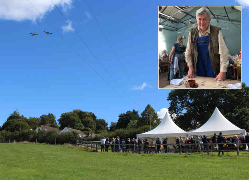 A flypast of RAF Chipmunks at the memorial lunch at Diamond's Tearoom in Cooks Lane, with the late Rupert Butler pictured inset