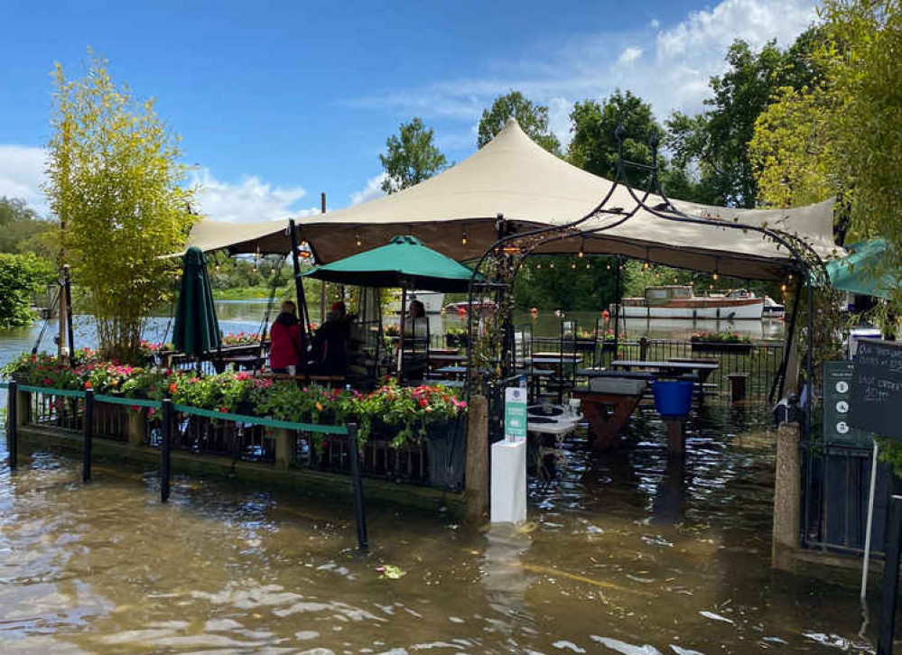 The jetty garden at The White Swan flooded earlier in the week (Image: The White Swan)