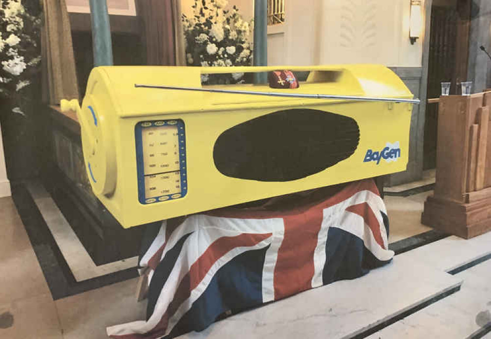 The radio-shaped coffin of famous Eel Pie Island resident Trevor Baylis, inventor of the wind-up radio and part of the AIDS fight in Africa