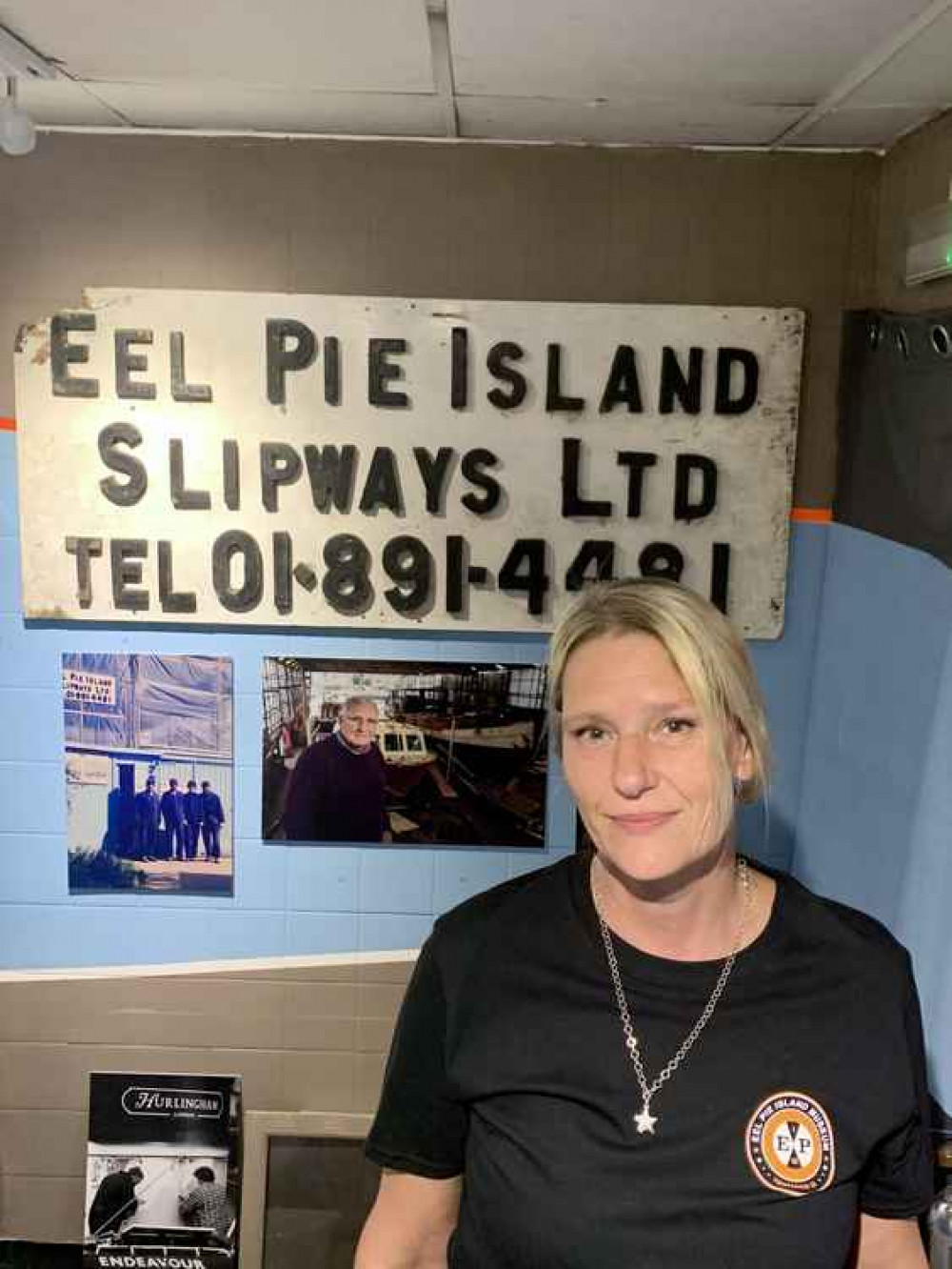 Michele Whitby, Curator of Eel Pie Island Museum, with the museum's new display