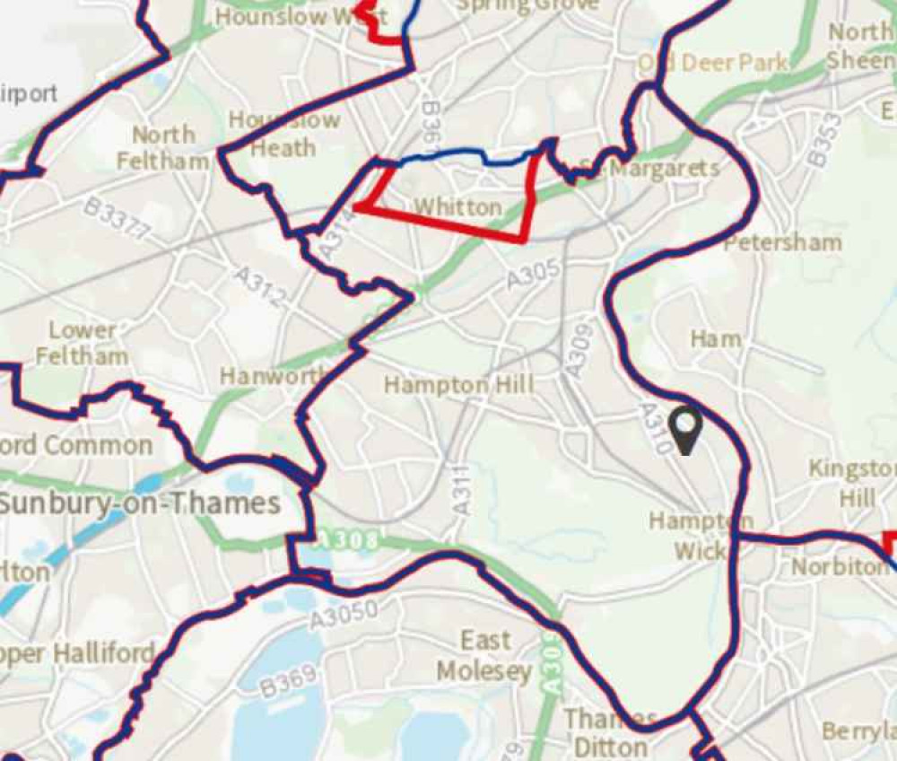 Another map shows the proposals (red) against the current boundaries (purple/blue) / Credit: Boundary Commission for England