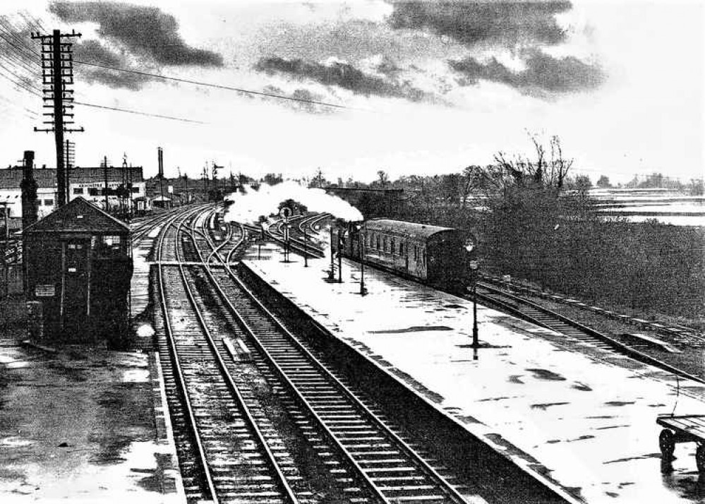 Axminster station with the Carpet Factory and branch lines in the rear.