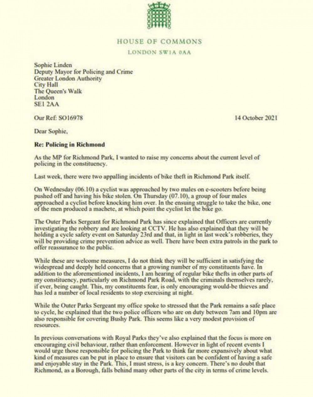 This letter from The MP outlines her position.