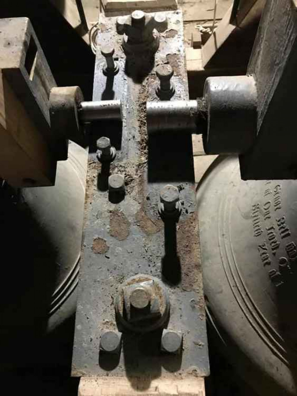 The bells in The Minster tower which have to be lifted for repairs to the church clock