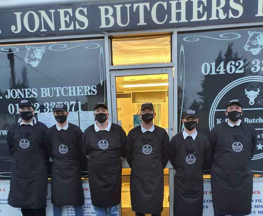 UP CLOSE IN HITCHIN: The brilliant Keith Jones - master butcher and master crooner. PICTURE: Keith Jones and his hard-working team outside his butchers shop. CREDIT: Keith Jones