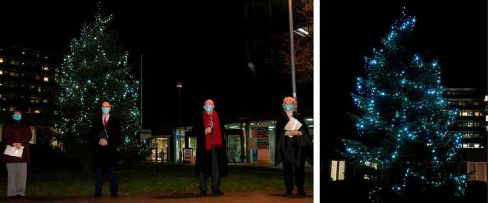 From left to right: Angela Fenn, Butterfly Volunteer Service co-ordinator, trust chief executive Nick Carver, and chaplains John O'Neill and Mary Porter during the Tree of Light ceremony at Lister Hospital in Stevenage. CREDIT: East and North Hertfordsh