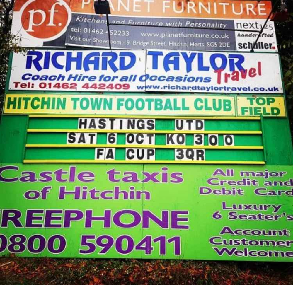 In its prime: Hitchin Town's iconic fixture board during the Canaries run to the FA Cup first round in 2018. CREDIT: @laythy29