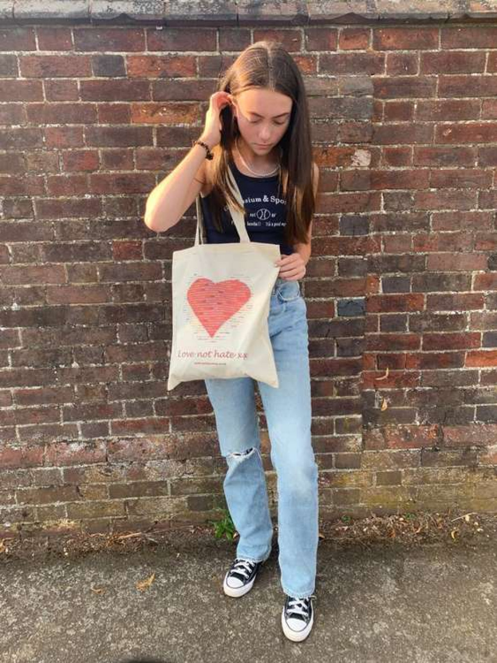 Isabella with the Love not Hate bag