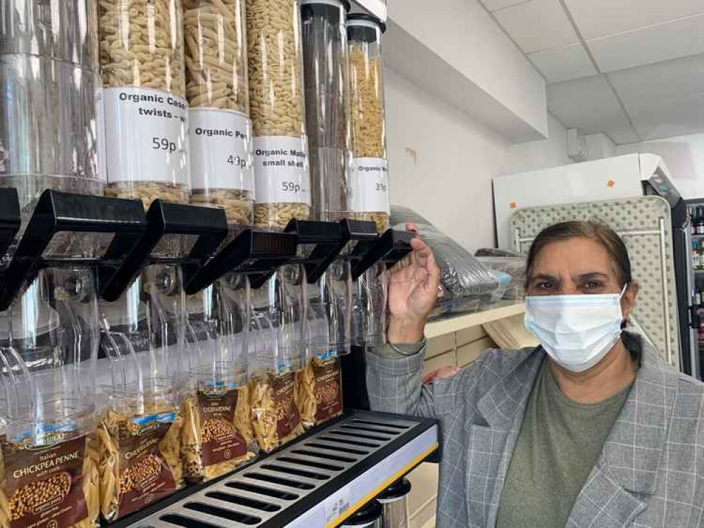 Gurjeet Kaur Bains pictured at the zero-waste self-service stations at Axe News