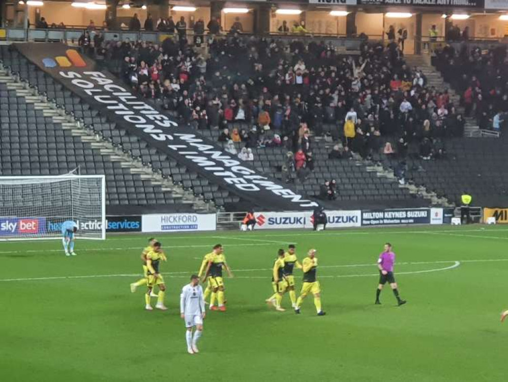 Boro fans celebrate after Brad Barry's goal drew Stevenage level at 1-1. CREDIT: @laythy29