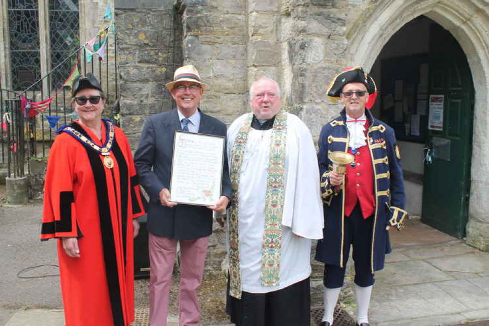 Lord of the Manor Jim Rowe pictured with the Mayor of Axminster, Cllr Jill Farrow, the Rector of Axminster, the Reverend Clive Sedgewick and the Town Crier Nick Goodwin