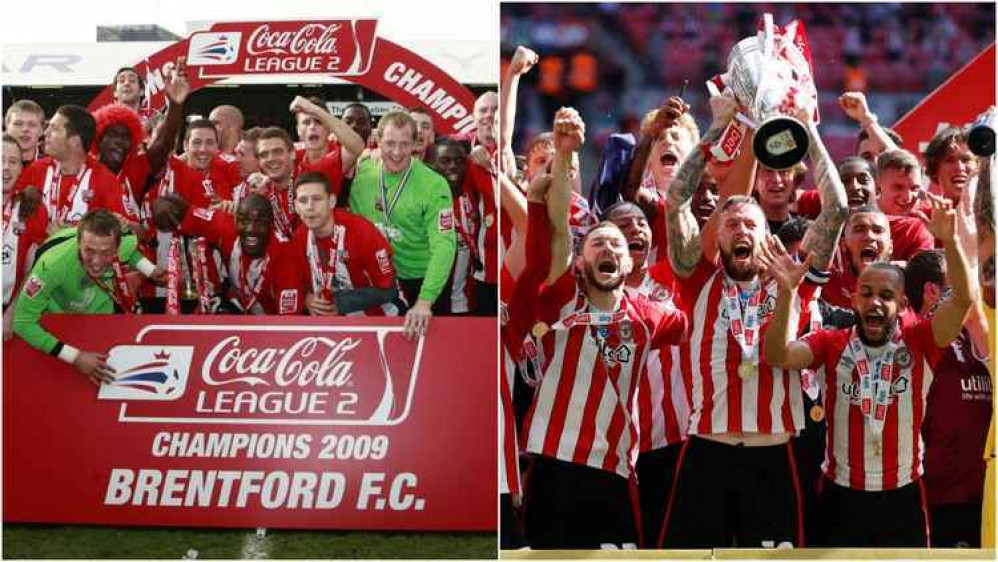 On the left Brentford celebrating their promotion to League One in 2009 and on the right celebrating their promotion to the Premier League two weeks ago