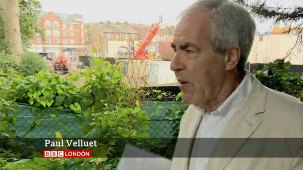 Local resident, Paul Velluet, speaking about his ancestors buried in the church yard. Image Credit: BBC London News