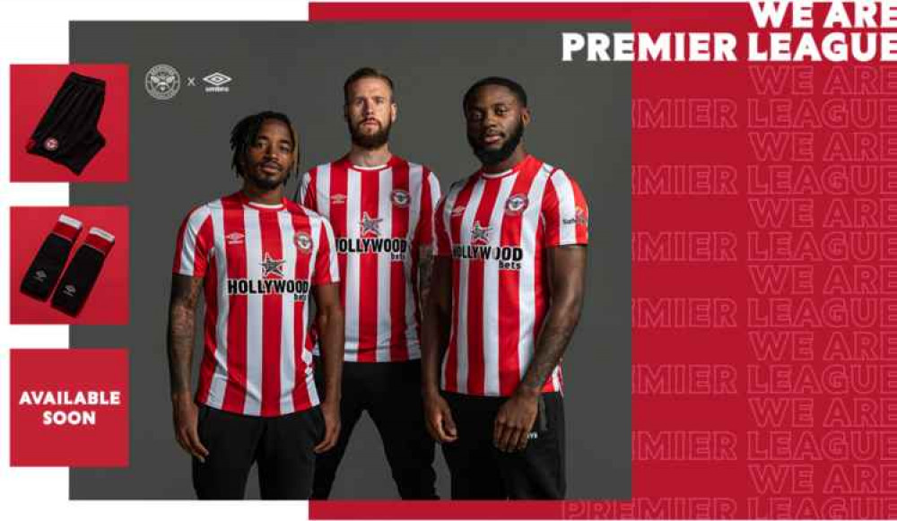 The home kit is a predominantly red and white stripe shirt, which will be paired with black shorts with a red side panel and black socks with white and red hoops. Image Credit: Brentford FC