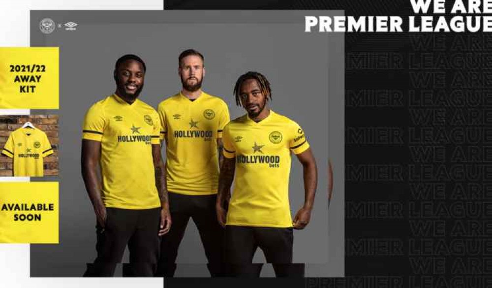 The away kit is a buttercup yellow shirt, with a tonal sting graphic, while buttercup yellow shorts and socks complete the look. Image Credit: Brentford FC