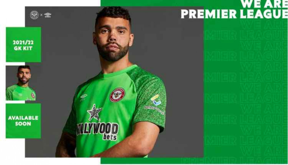 The goalkeeper kit is a green shirt with a pixel graphic sleeve, along with green shorts and socks. Image Credit: Brentford FC