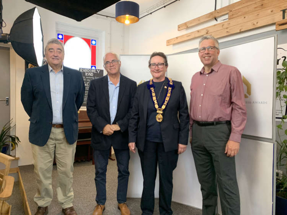 Awards organiser Nigel Reeve of Marketing West, Barrie Hedges of Totally Locally, the Mayor of Axminster, Cllr Jill Farrow, and Stuart Carrington from sponsors Thomas Westcott