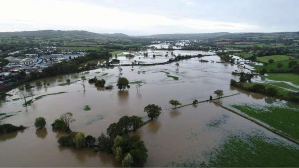 Major flooding along the River Axe looking towards Seaton this morning (photo credit: Joel Seward @DudeplusDrone)