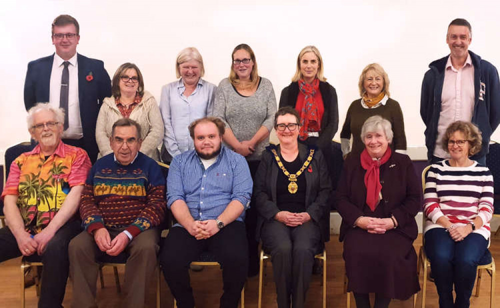 Cllrs Charles Hall, Sara Leat, Andrea Sedgewick, Elizabeth Paice, Sarah Birnie, Bernie Steadman, Jeremy Walden, Martin Spurway, Alfie Brooker, Jill Farrow and Sue Brooker with interim deputy town clerk Paul Hayward and town clerk Hilary Kirkcaldie