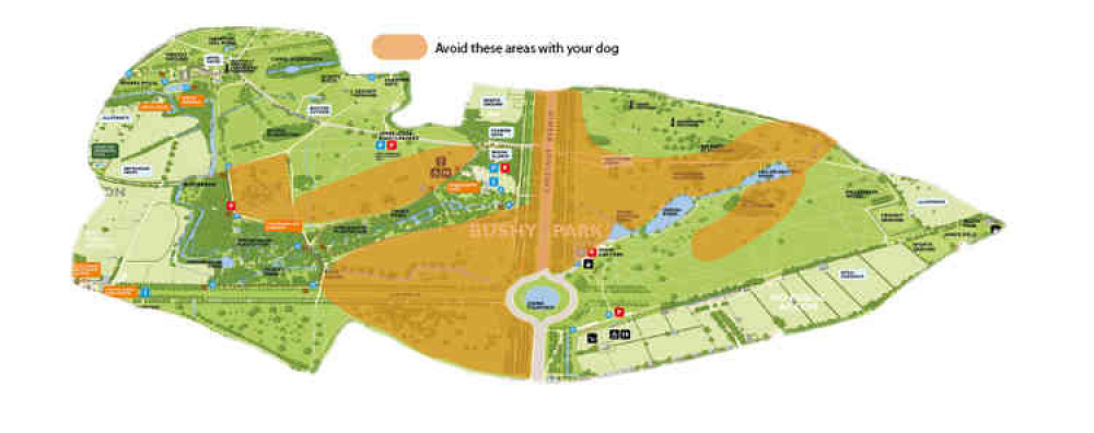 Map of deer birthing areas in Bushy Park - avoid areas marked orange