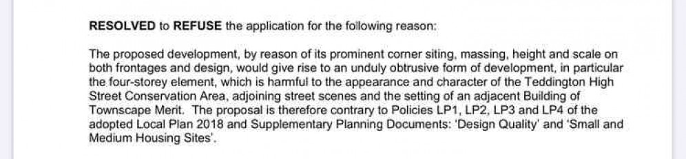 Official confirmation of rejection of development plan for Teddington's former HSBC site