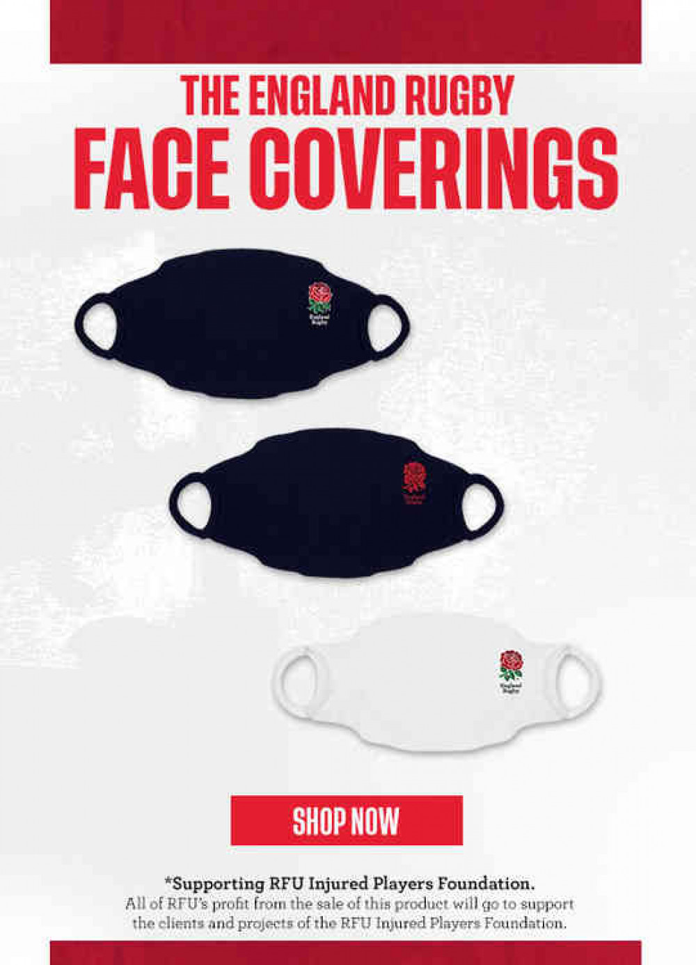 England branded face masks on sale to support the RFU's Injured Players Foundation