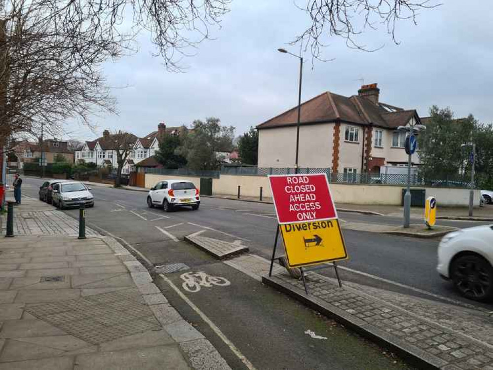 Diversion and road closure signs at the roundabout