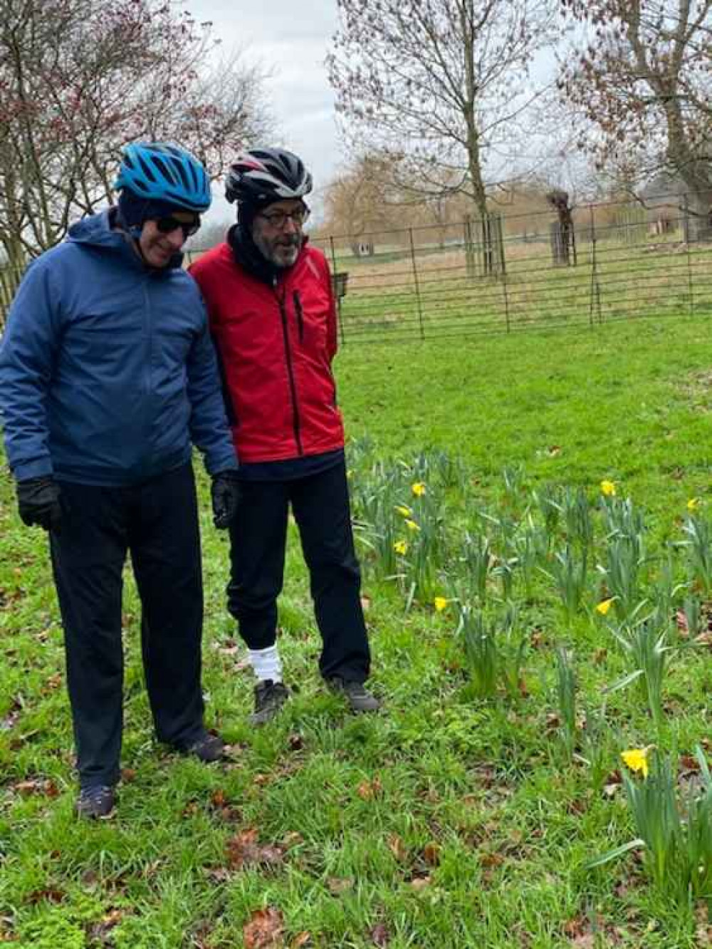 Nature-loving cyclists Mike and Rob stop to soak up the beauty of the early bird daffodils near the entrance of Home Park.