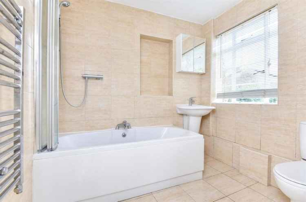 The house's bathroom features a bath/shower hybrid