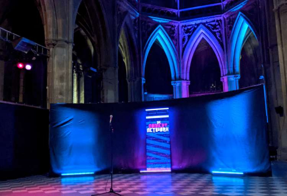 Setting the scene: the Comedy Network with Avalon's banner on display on the Landmark's stage (Image: Ellie Brown)