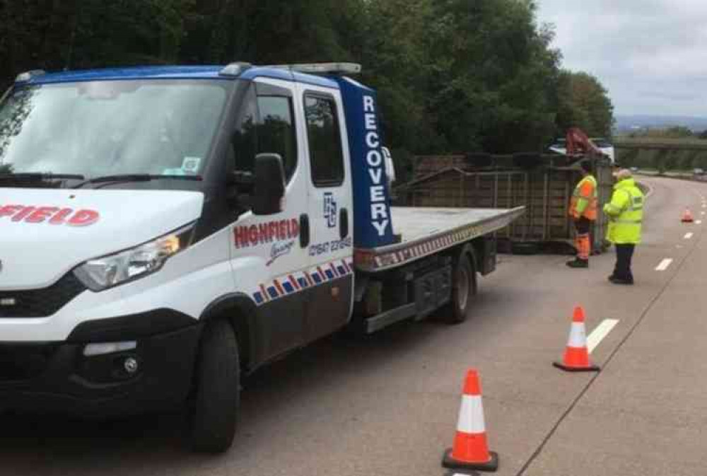 The overturned trailer on the A30. Picture courtesy of Devon and Cornwall Police.