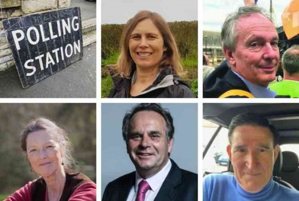Pictured L-R: Elizabeth Pole (Labour), John Timperly (Lib. Dems.), Gill Westcott (Green), Neil Parish (Conservative), Ian Berkeley-Hurst (Brexit). Pictured L-R: Elizabeth Pole (Labour), John Timperly (Lib. Dems.), Gill Westcott (Green), Neil Parish (Conservative), Ian Berkeley-Hurst (Brexit).