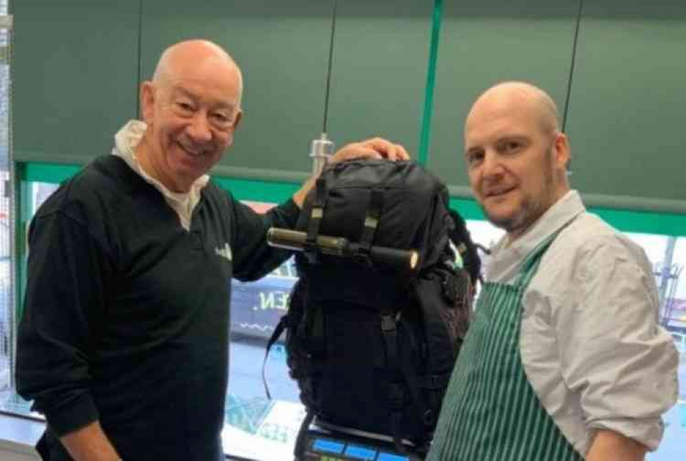 Laurie at Porkies the family butchers Honiton, always there to support the Baton's cause. This time Laurie accurately checked the weight of my pack - at 32lbs I know all is ok. Laurie at Porkies the family butchers Honiton, always there to support the Baton's cause. This time Laurie accurately checked the weight of my pack - at 32lbs I know all is ok.