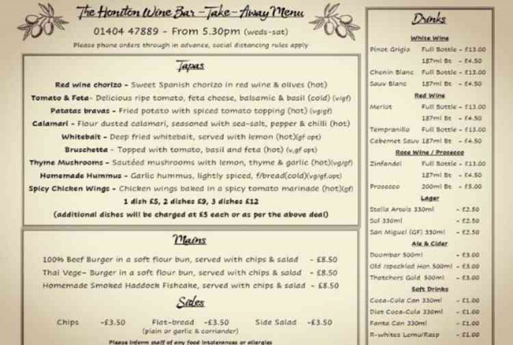 Honiton Wine Bar menu